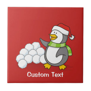 Azulejo De Cerámica Pingüino navidad con bolas de nieve ondeando
