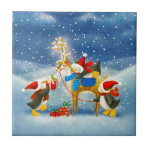 Azulejo De Cerámica Pingüino y reno