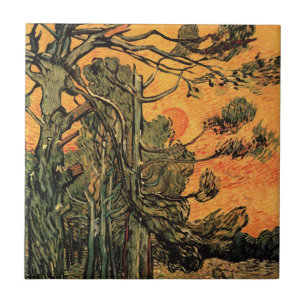 Azulejo De Cerámica Pinos Cielo Rojo Puesta de Sol de Vincent van Gogh