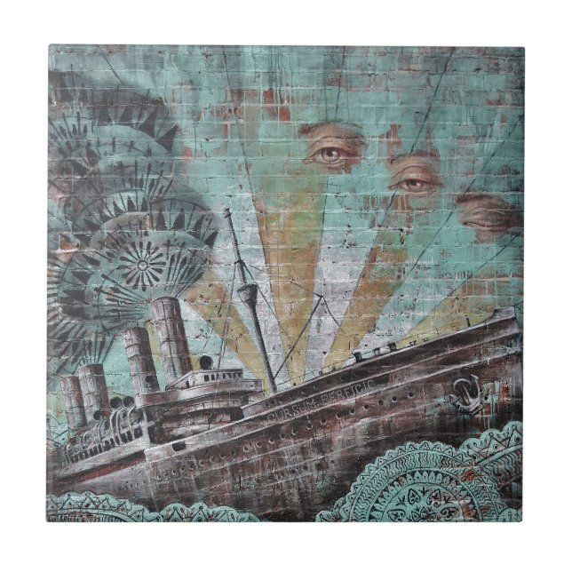 Azulejo De Cerámica Pintada del azul del vintage (Frente)