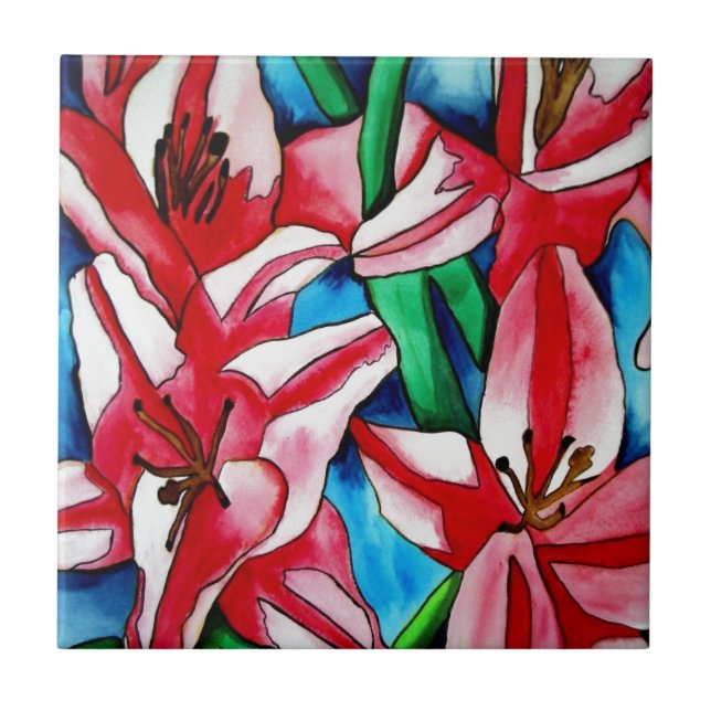 Azulejo De Cerámica Pintura acuarela de lirio rosa (Frente)