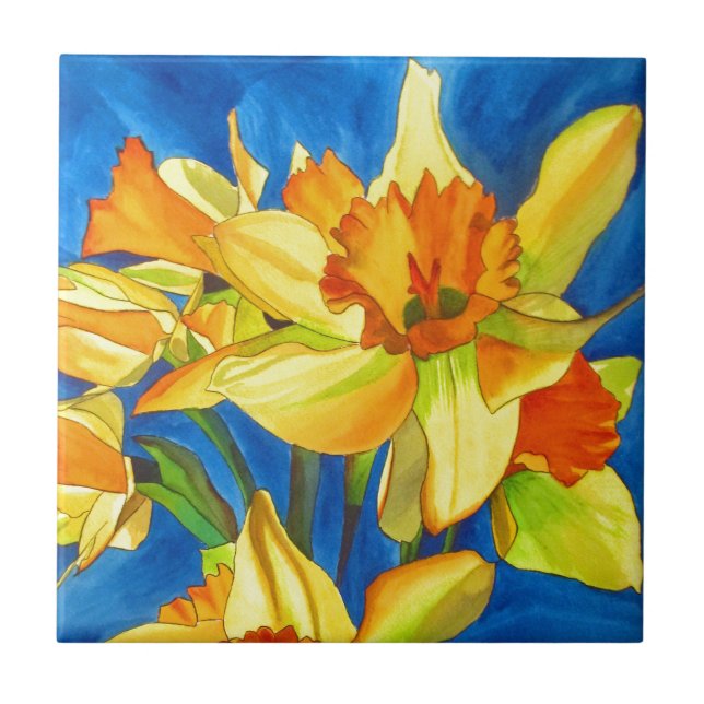 Azulejo De Cerámica Pintura amarilla del watercolour del narciso del (Frente)