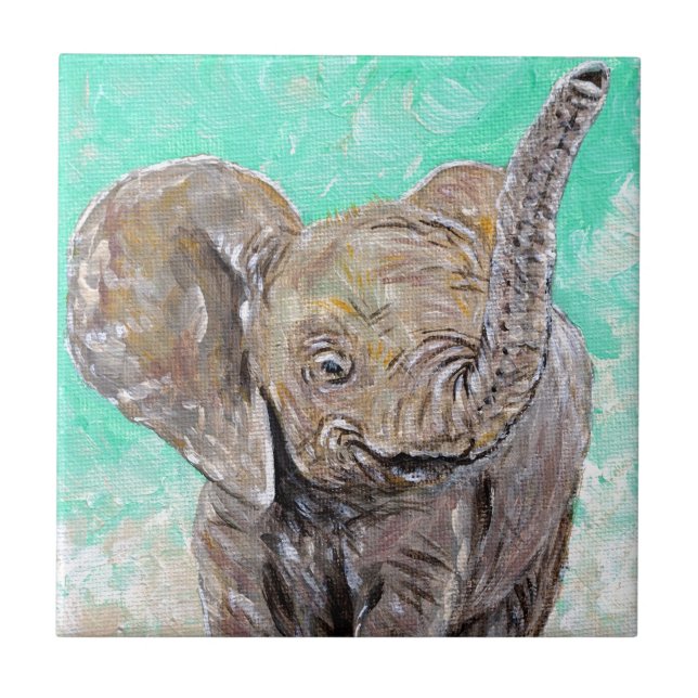Azulejo De Cerámica Pintura de elefante bebé (Frente)