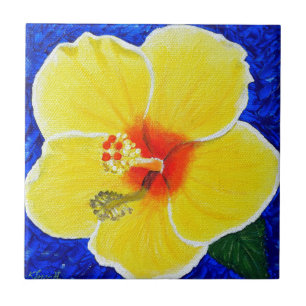 Azulejo De Cerámica Pintura de Flor de Hibisco Amarillo