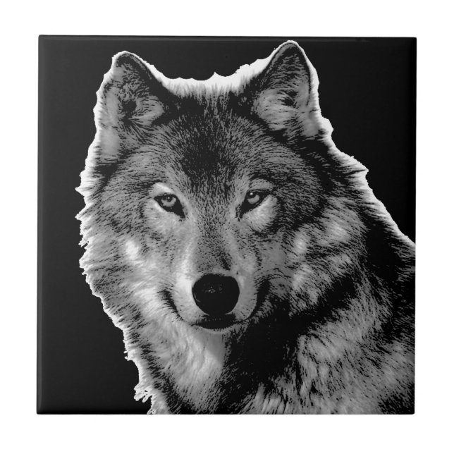 Azulejo De Cerámica Pintura de Lobo Blanco y Negro (Frente)