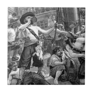 Azulejo De Cerámica Piratas antiguos luchando y bebiendo en el barco