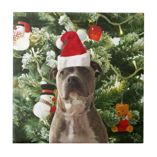 Azulejo De Cerámica Pitbull Perro Árbol de Navidad Ornamentos Snowman (Frente)