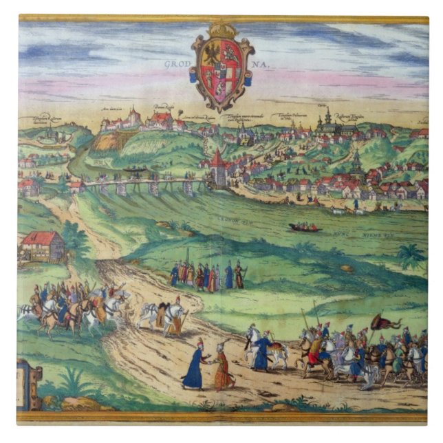 Azulejo De Cerámica Plan de ciudad de Grodno, de 'Civitates Orbis (Frente)