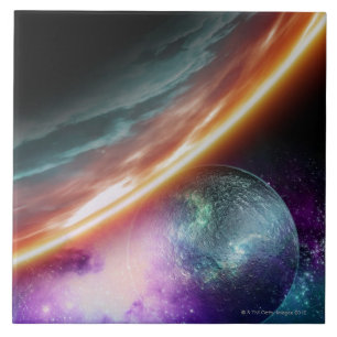 Azulejo De Cerámica Planeta y su luna. Ilustraciones del ordenador del