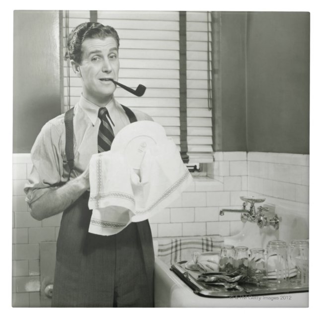 Azulejo De Cerámica Platos que se lavan del hombre (Frente)