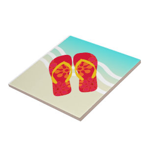 Azulejo De Cerámica Playa de Verano Rojo Flip Flags Cerámica Tile