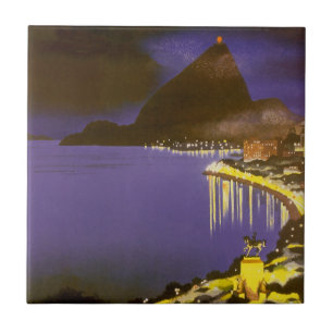 Azulejo De Cerámica Playa Vintage de Noche en Río de Janeiro, Brasil