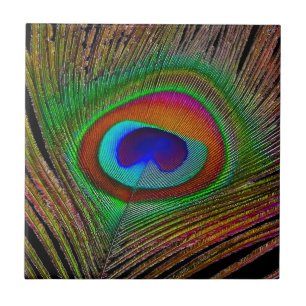 Azulejo De Cerámica Pluma de pavo real de cobre vibrante