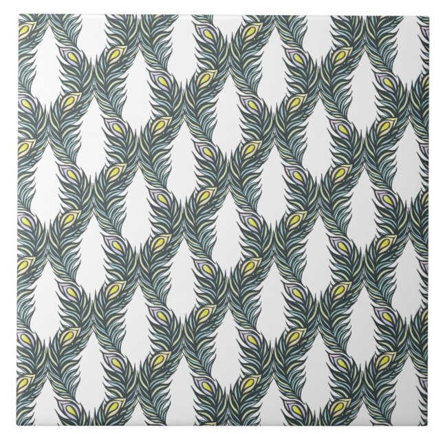 Azulejo De Cerámica plumas rusticas de pavo real, negro, verde y blanc (Frente)