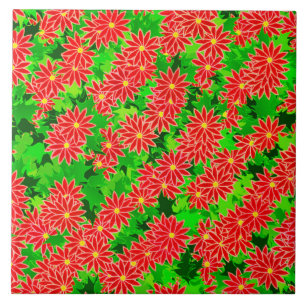 Azulejo De Cerámica Poinsettias Rojas y Holly Verde