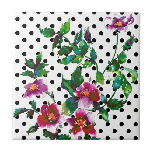 Azulejo De Cerámica Polka-puntos blanco y negro rosa de época (Frente)