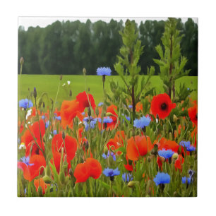 Azulejo De Cerámica Poppies Y Cornflowers Arte De Paisaje Realista