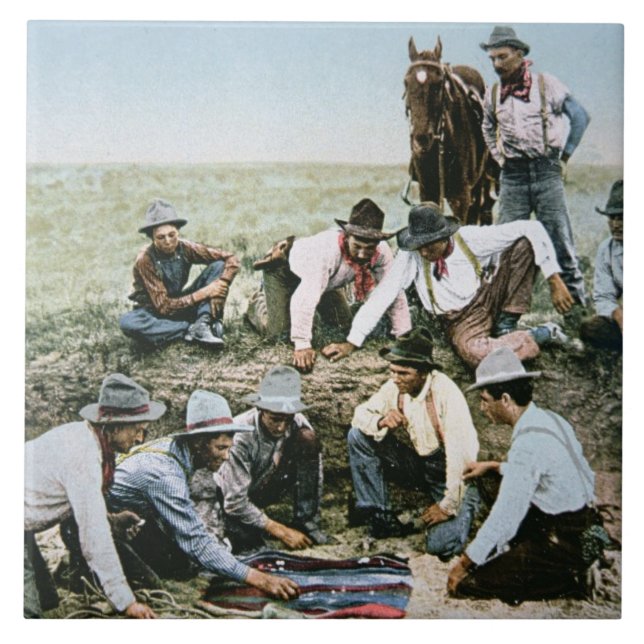 Azulejo De Cerámica Postal que representa a los vaqueros que juegan (Frente)