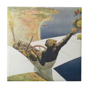 Azulejo De Cerámica Póster de viaje vintage, avión sobre Niza Francia