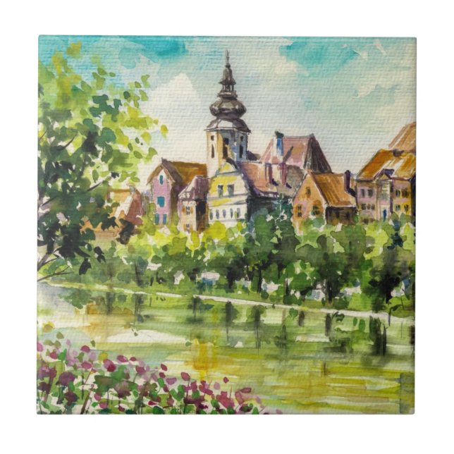 Azulejo De Cerámica Primavera en pequeña ciudad en el río (Frente)