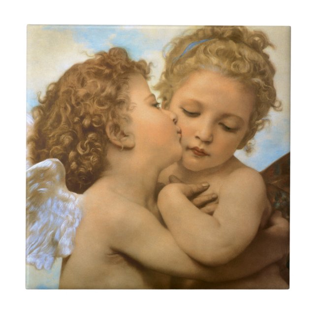 Azulejo De Cerámica Primer beso (detalle de ángel) de Bouguereau (Frente)