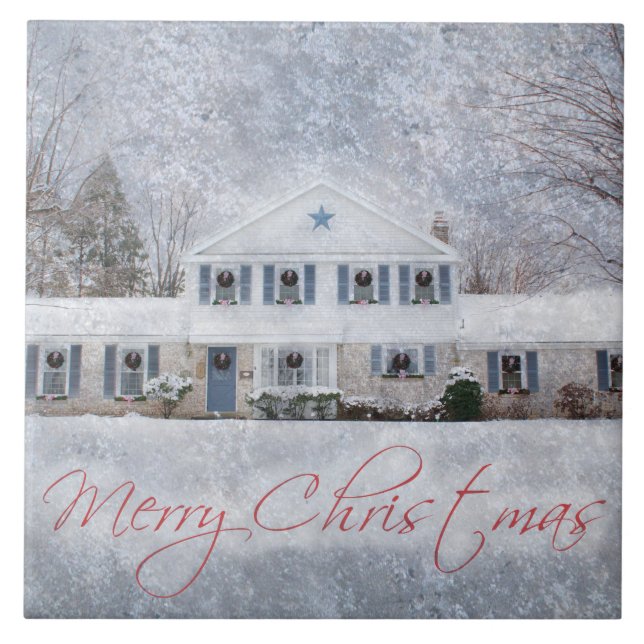 Azulejo De Cerámica Primitive Winter Snow Country Rustic Open House (Frente)