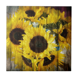 Azulejo De Cerámica Primitivo Barn Wood País Occidental Sunflowers