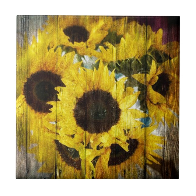 Azulejo De Cerámica Primitivo Barn Wood País Occidental Sunflowers (Frente)