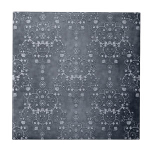 Azulejo De Cerámica Profundo Gris Plateado Floral Patrón Damask