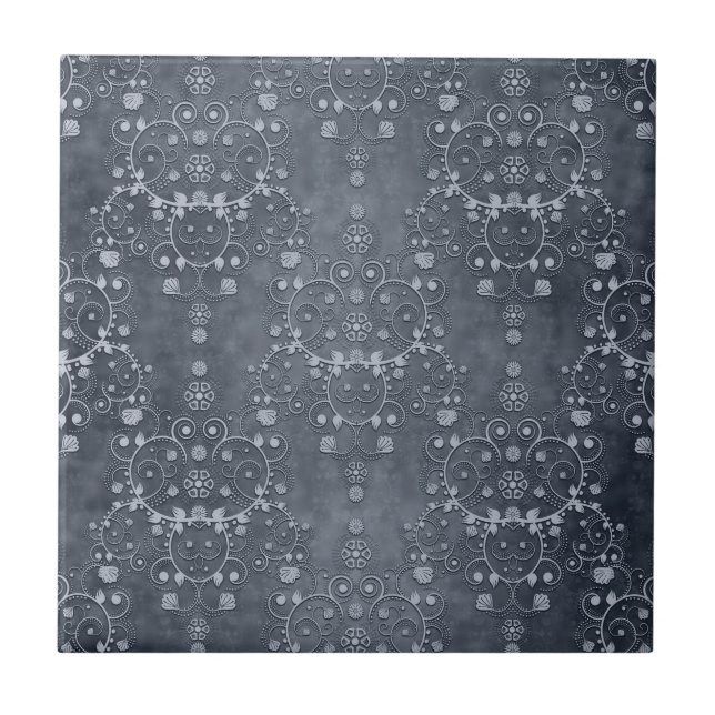 Azulejo De Cerámica Profundo Gris Plateado Floral Patrón Damask (Frente)