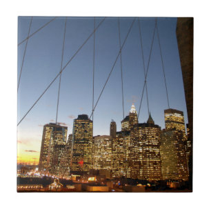 Azulejo De Cerámica Puente de Brooklyn al atardecer con horizonte de M