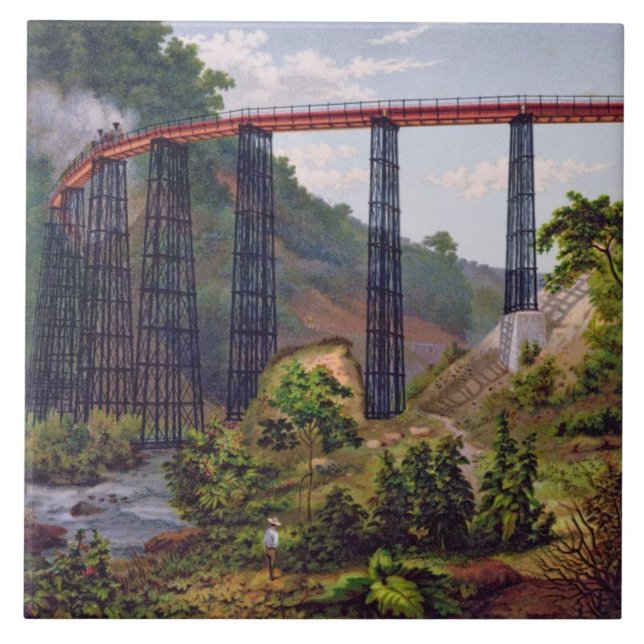 Azulejo De Cerámica Puente ferroviario en Metlac, del 'álbum del Mexic (Frente)
