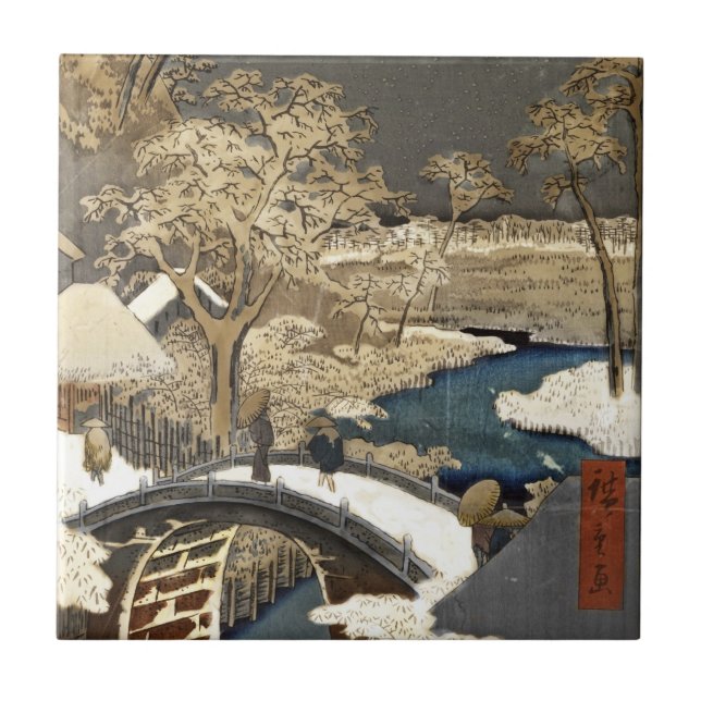 Azulejo De Cerámica Puente japonés en la nieve (Frente)