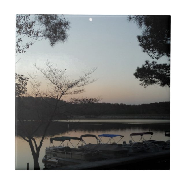 Azulejo De Cerámica Puesta de sol, luna emergente sobre el lago Arrowh (Frente)