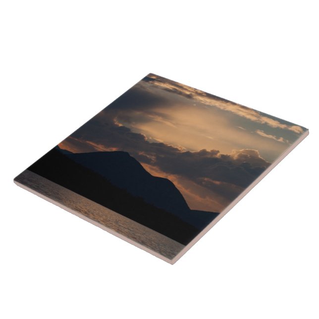 Azulejo De Cerámica Puesta del sol del lago fish; Ningún texto (Lado)