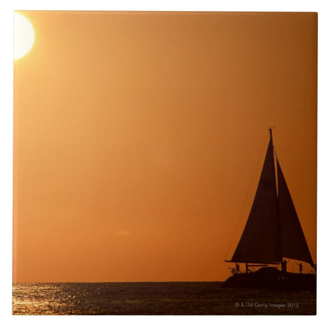 Azulejo De Cerámica Puesta del sol y yate (Frente)