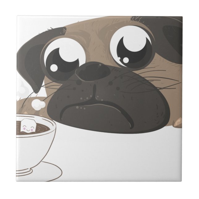 Azulejo De Cerámica Pug y café (Frente)