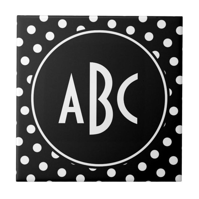 Azulejo De Cerámica Puntos Monogramados de Polka Blanco y Negro (Frente)
