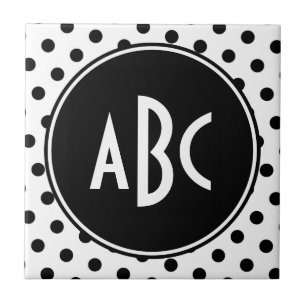 Azulejo De Cerámica Puntos Monogramados de Polka Blanco y Negro
