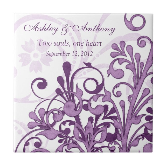 Azulejo De Cerámica Púrpura Floral blanca Boda personalizada Tile (Frente)