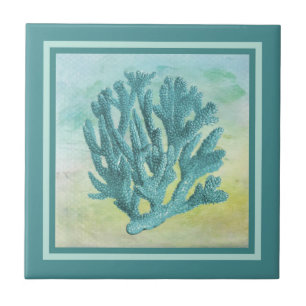 Azulejo De Cerámica Rama de coral turquesa oscuro