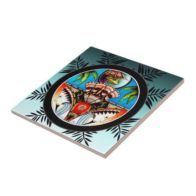 Azulejo De Cerámica Rana del tatuaje tiki (Lado)