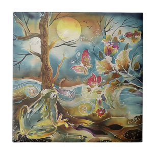 Azulejo De Cerámica Rana junto al agua pintura de seda
