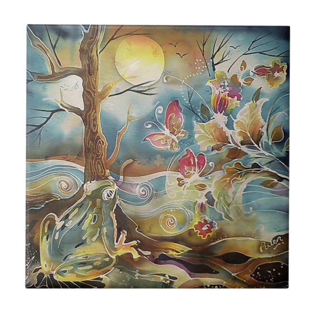 Azulejo De Cerámica Rana por la pintura de seda acuática (Frente)