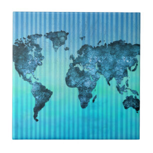 Azulejo De Cerámica Rayas azules de neón del mapa del mundo el  