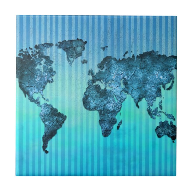 Azulejo De Cerámica Rayas azules de neón del mapa del mundo el | (Frente)