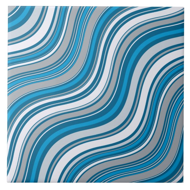 Azulejo De Cerámica Rayas de onda azul y gris abstractas (Frente)