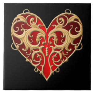 Azulejo De Cerámica Red Filigree Heart Tile