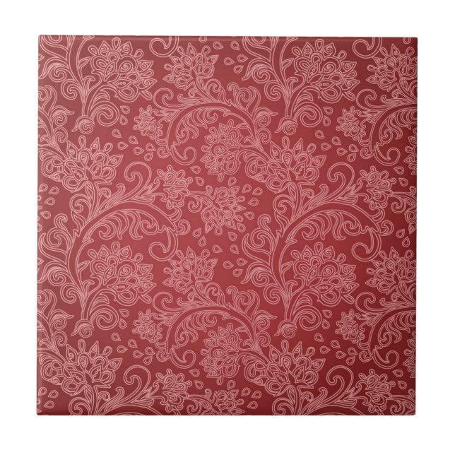 Azulejo De Cerámica Red Paisley Damask Designer Floral Classic (Frente)