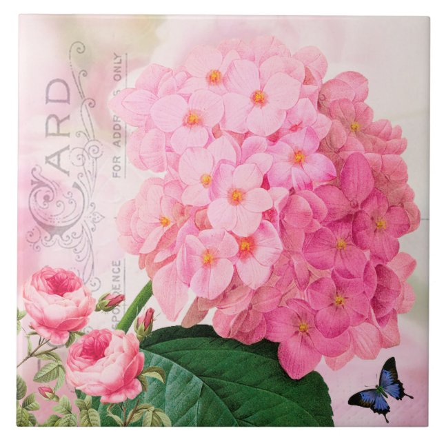 Azulejo De Cerámica Redoute French Pink Hydrangea Rosas Cerámica Tile (Frente)